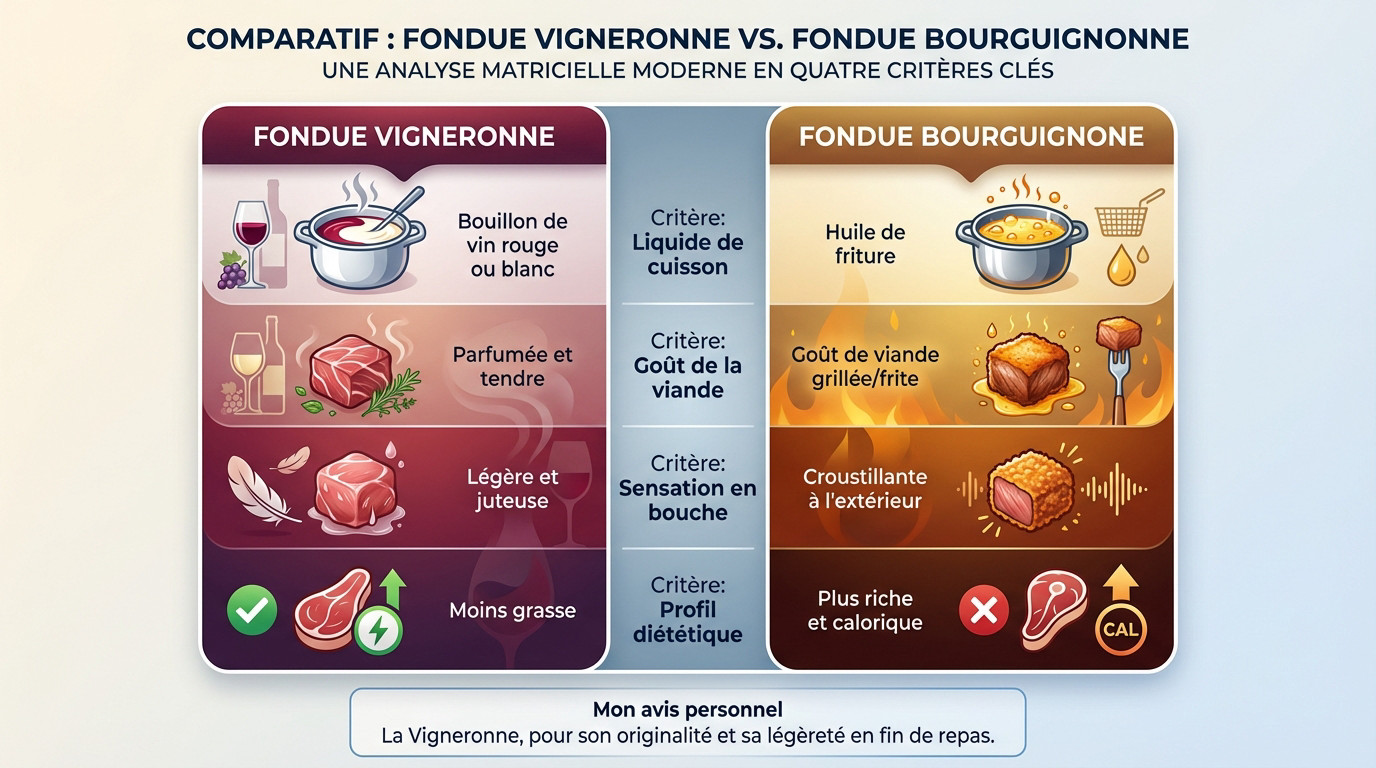 Tableau comparatif des différences entre la fondue vigneronne et la fondue bourguignonne