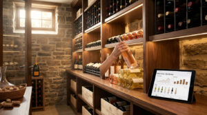 Cave à vin moderne avec murs en pierre et étagères. Une main saisit une bouteille de rosé. Une tablette affiche une appli de gestion.