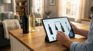Personne achetant du vin en ligne sur une tablette. Des bouteilles et un verre de vin sont sur la table, avec un cadenas de sécurité.