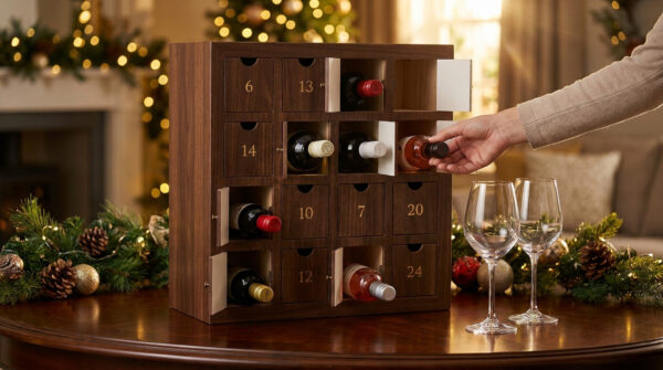 Une main retire une petite bouteille de vin d'un calendrier de l'Avent en bois devant deux verres à vin vides.