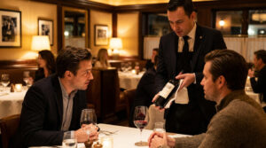 Un sommelier présente une bouteille de vin rouge à deux clients dans un restaurant. Ambiance chic et tamisée.