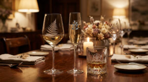 Trois verres personnalisés (vin, champagne, whisky) avec motifs gravés sur une table élégante et chaleureuse, éclairée aux bougies.