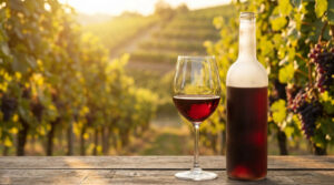 Une bouteille et un verre de vin rouge posés sur une table en bois au cœur d'un vignoble ensoleillé.