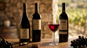 Trois bouteilles de vins rouges espagnols (Rioja, Priorat), un verre de vin, tire-bouchon et raisins sur une table en bois.
