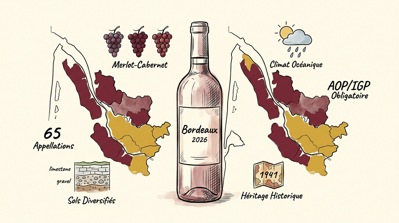 Carte stylisée des appellations du vignoble de Bordeaux en 2026