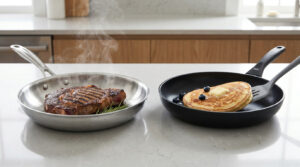 Comparaison entre une poêle en inox avec un steak fumant et une poêle anti-adhésive avec une crêpe aux myrtilles.