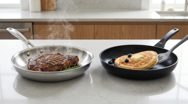 Comparaison entre une poêle en inox avec un steak fumant et une poêle anti-adhésive avec une crêpe aux myrtilles.