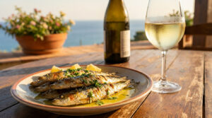 Assiette de sardines grillées au citron avec un verre de vin blanc sur une table en bois face à la mer.