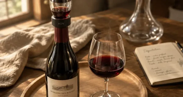 Aérateur vin ADV sur bouteille de vin, verre et vapeur