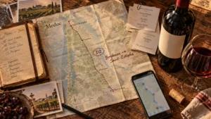 carte route des châteaux médoc D2 Bordeaux à Saint-Estèphe sur table.