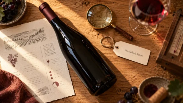 Château Grand Ferrand vin méthode nature 2022 sur table, fiche technique et loupe