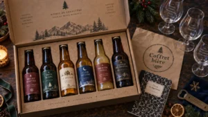 Coffret biere de noel ouvert, bouteilles artisanales et verres