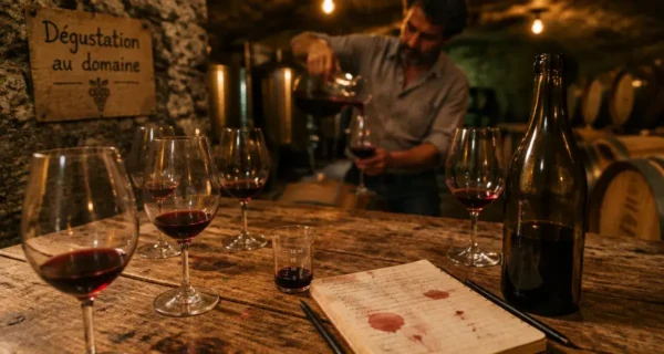 Dégustation vin Ardèche : table avec verres et vigneron en caveau
