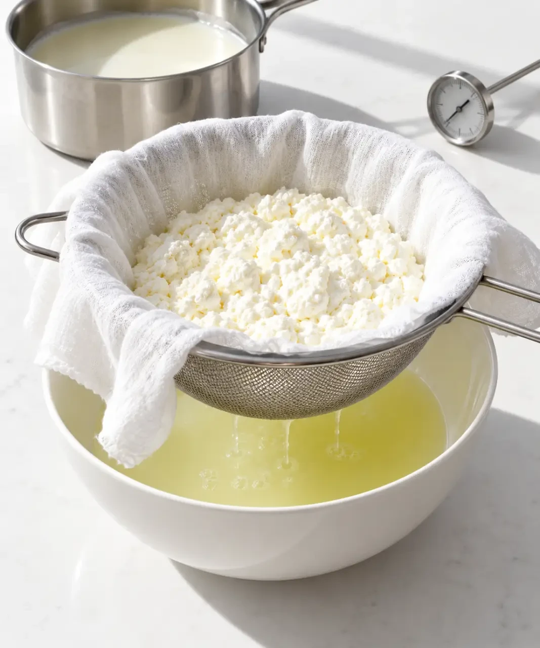 Comment faire son fromage frais maison avec du lait entier : caillé en cours d'égouttage