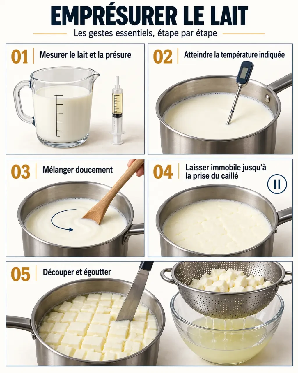 Étapes d’utilisation de la présure pour fromage pour faire cailler et égoutter le lait