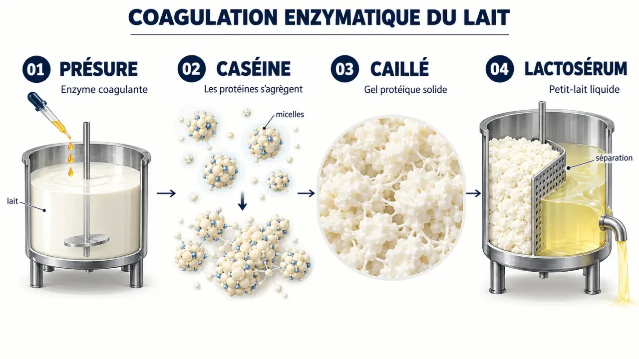 Schéma de la présure pour fromage et de la formation du caillé à partir du lait