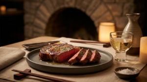 Un steak de wagyu tranché sur une assiette grise, accompagné d'un verre de saké devant une cheminée chaleureuse.