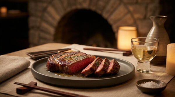 Un steak de wagyu tranché sur une assiette grise, accompagné d'un verre de saké devant une cheminée chaleureuse.